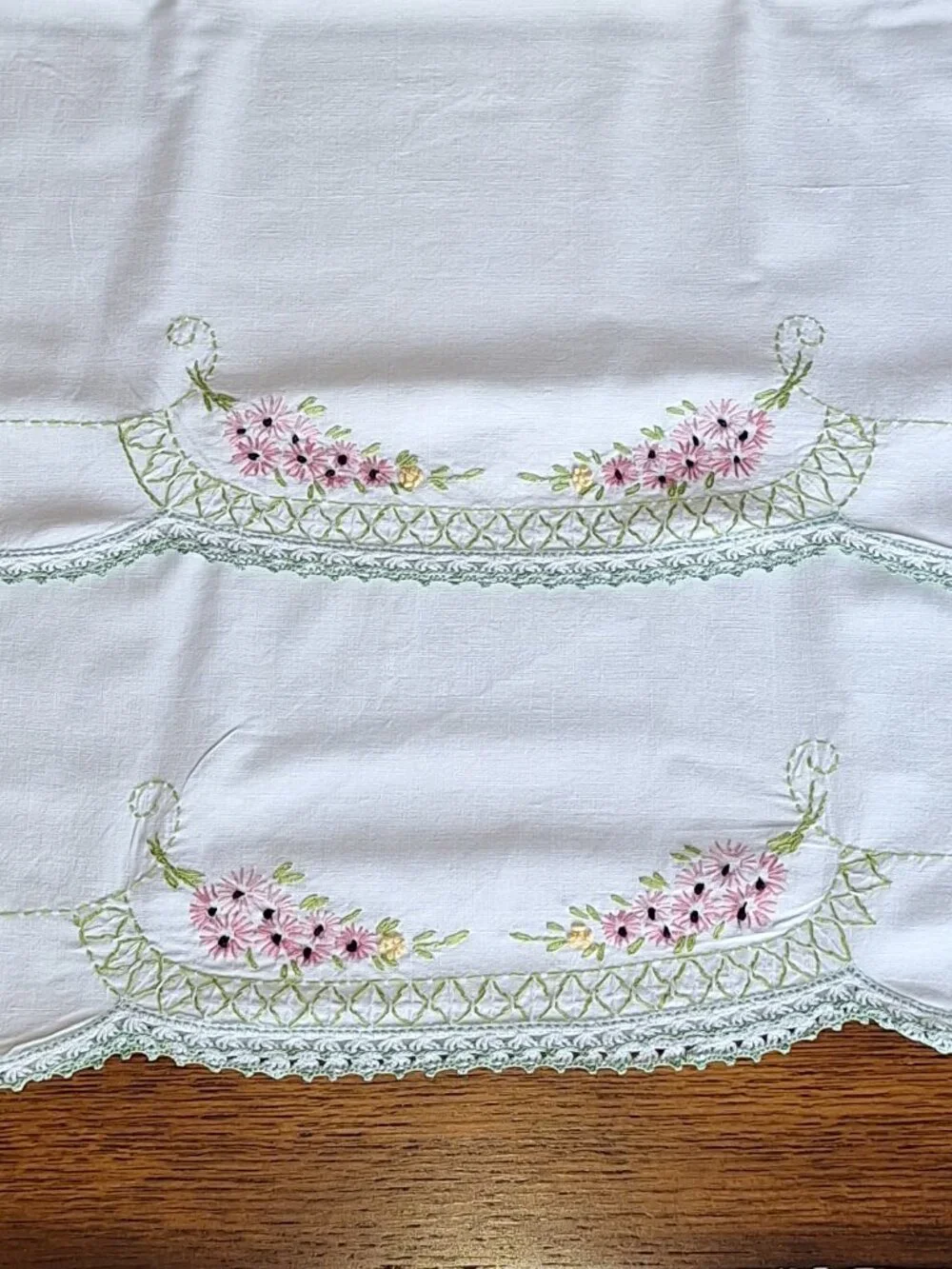 Embroidered Pillow Cases Pink Flowers & Green
